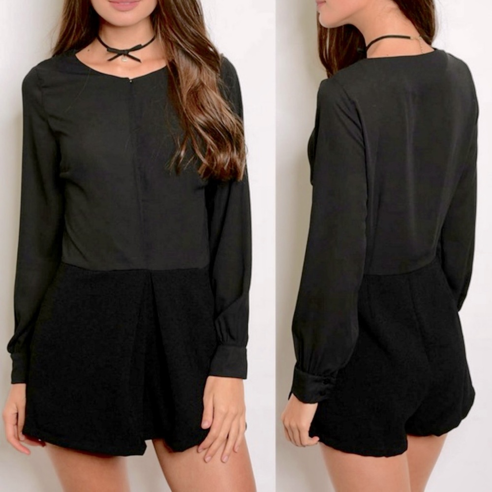 Hayden | Black Long Sleeve Chiffon Top Romper with Pleated Shorts